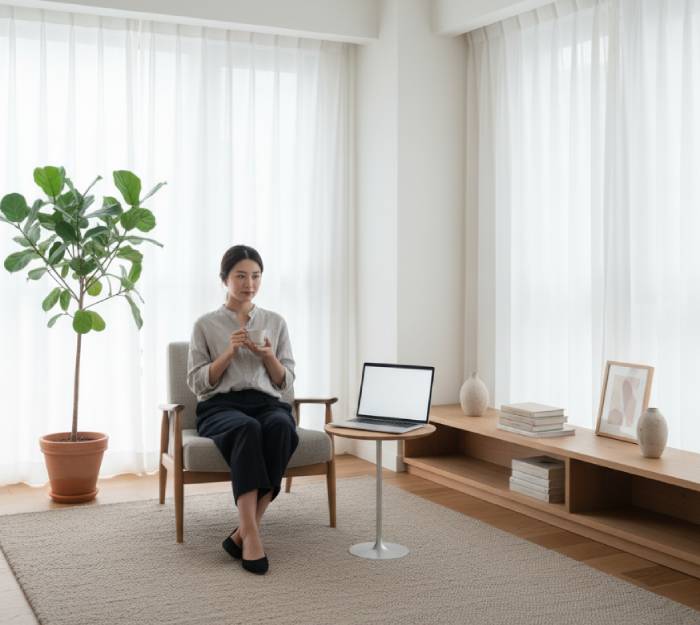 Modern minimalist living space with clean lines, neutral colors, and stylish, clutter-free decor