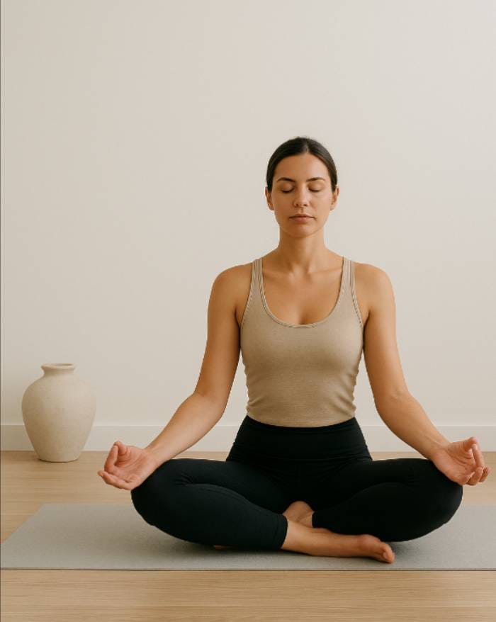 A young woman meditating in Sukhasana on a gray yoga mat in a minimalist room with neutral tones and a simple off-white vase, promoting calm and wellness