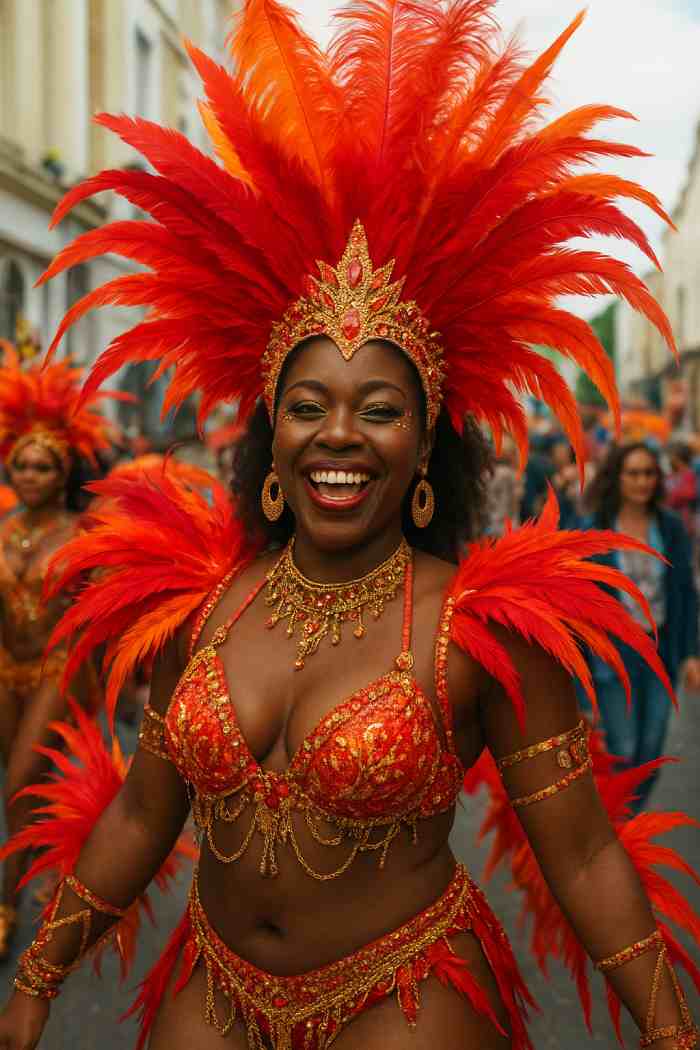 A woman in a vibrant red and gold feathered costume smiling during the Notting Hill Carnival parade in London
