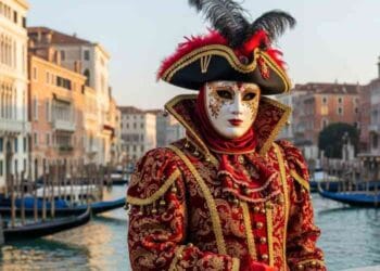 Colorful Venetian masks and costumes at Venice Carnival in St. Mark’s Square, Italy