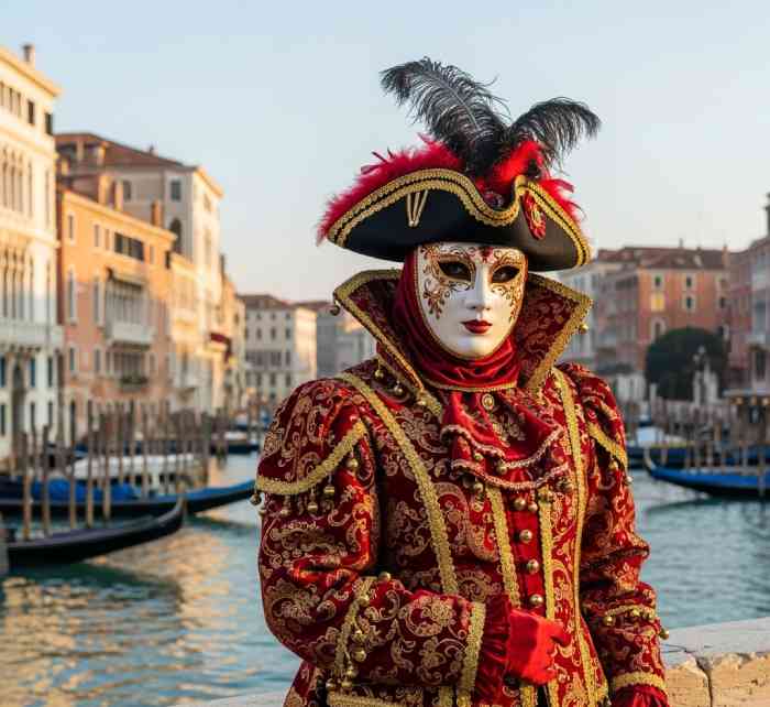Colorful Venetian masks and costumes at Venice Carnival in St. Mark’s Square, Italy