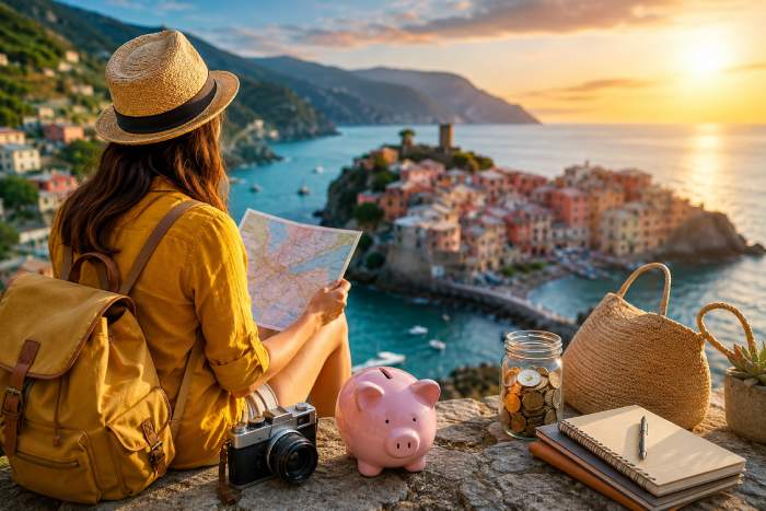 Traveler overlooking a scenic coastal destination with travel essentials and savings concept for budget-friendly travel