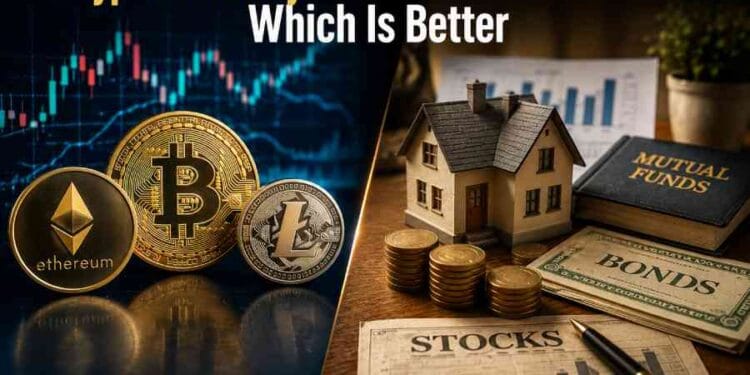 A visual comparison of cryptocurrency and traditional investments to help investors understand the differences in risk, growth potential, and long-term wealth-building strategies