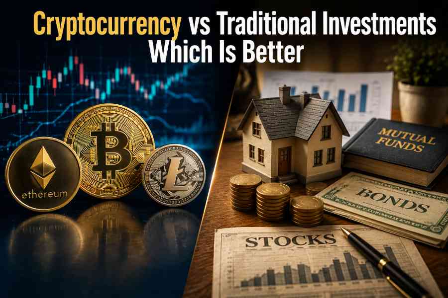 A visual comparison of cryptocurrency and traditional investments to help investors understand the differences in risk, growth potential, and long-term wealth-building strategies