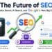 Future SEO trends featuring voice search optimization, AI-powered search engines, and upcoming Google algorithm changes affecting website rankings.