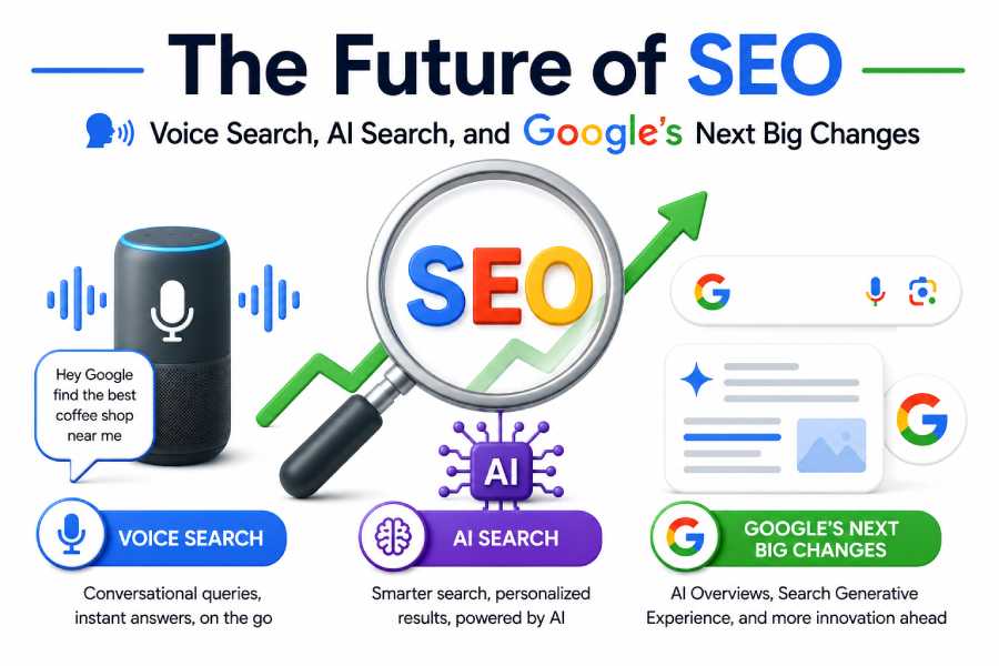Future SEO trends featuring voice search optimization, AI-powered search engines, and upcoming Google algorithm changes affecting website rankings.