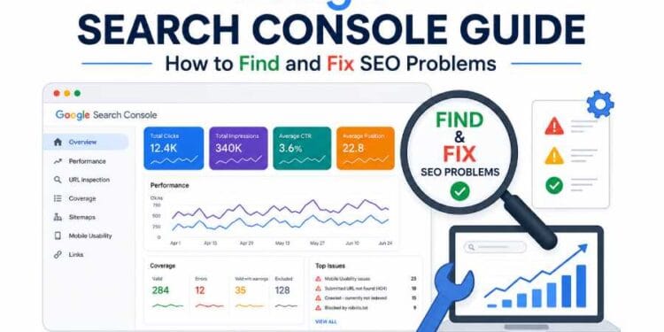 Google Search Console guide showing how to identify and fix SEO problems, monitor website performance, improve indexing, and increase search visibility