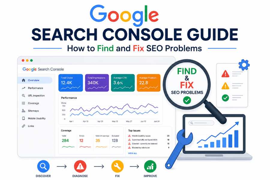 Google Search Console guide showing how to identify and fix SEO problems, monitor website performance, improve indexing, and increase search visibility