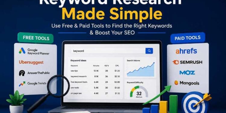 SEO keyword research process using free and paid tools to discover search terms, analyze competition, and improve website rankings
