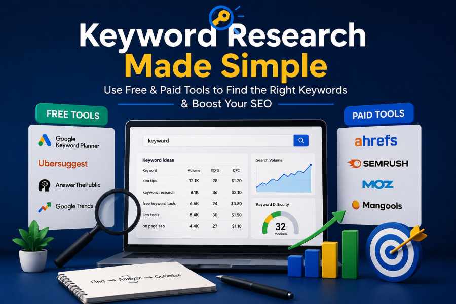 SEO keyword research process using free and paid tools to discover search terms, analyze competition, and improve website rankings