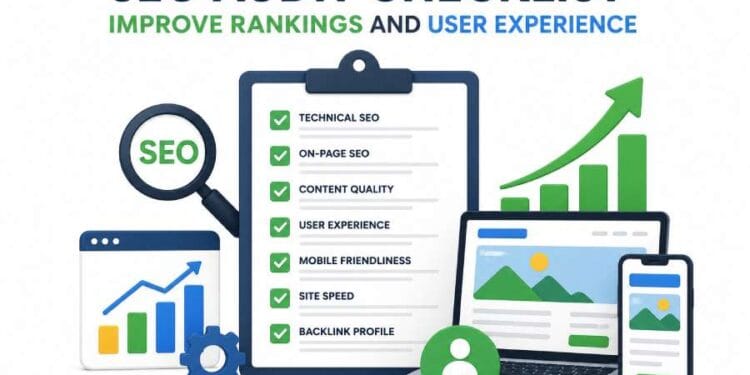SEO audit checklist for improving website rankings and user experience by analyzing technical SEO, on-page SEO, and site performance issues.