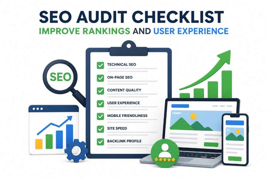 SEO audit checklist for improving website rankings and user experience by analyzing technical SEO, on-page SEO, and site performance issues.