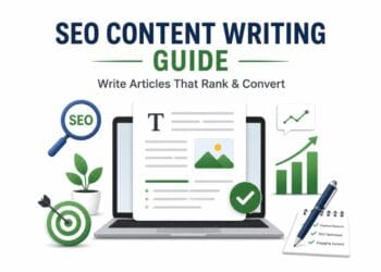 SEO content writing guide showing how to create high-quality articles that rank higher in Google search results and convert visitors into customers