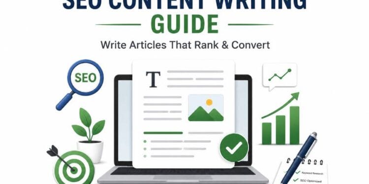 SEO content writing guide showing how to create high-quality articles that rank higher in Google search results and convert visitors into customers