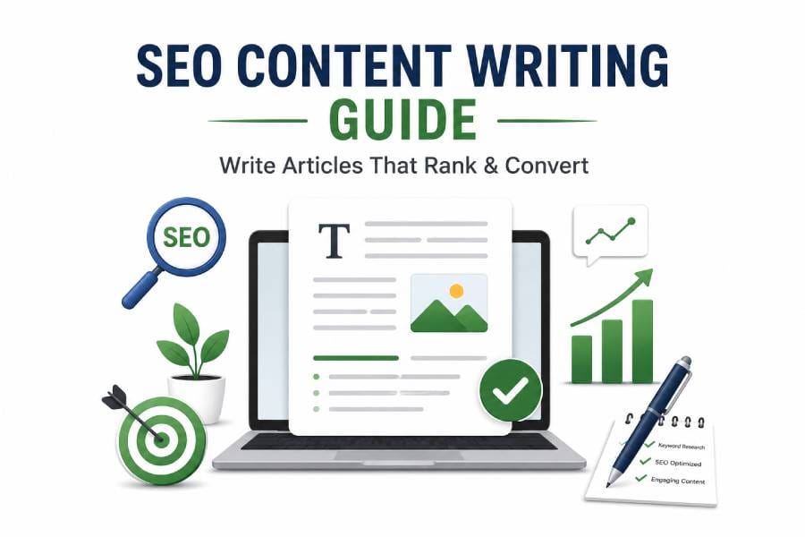SEO content writing guide showing how to create high-quality articles that rank higher in Google search results and convert visitors into customers