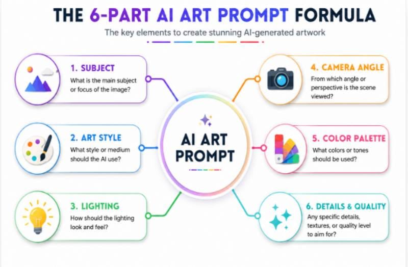 Diagram breaking down the 6-part AI art prompt formula including subject, lighting, style, and camera angle