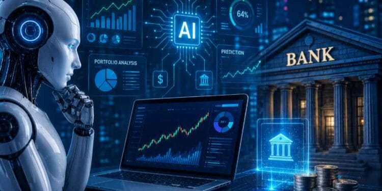 Futuristic illustration showing artificial intelligence technology analyzing financial data, stock market trends, digital banking systems, and investment strategies