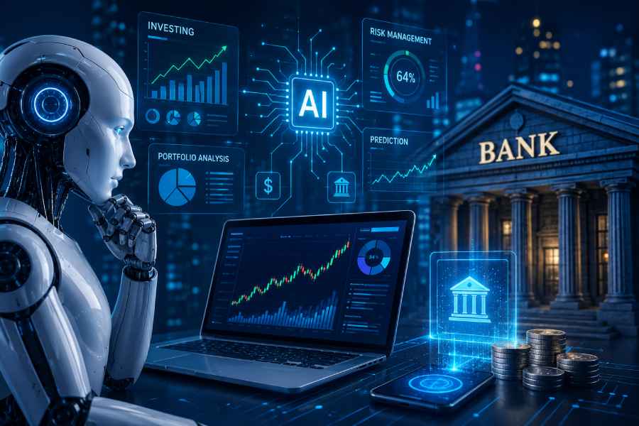 Futuristic illustration showing artificial intelligence technology analyzing financial data, stock market trends, digital banking systems, and investment strategies