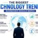Modern business technology trends illustration with AI, cloud, cybersecurity, IoT, and data analytics on a white background