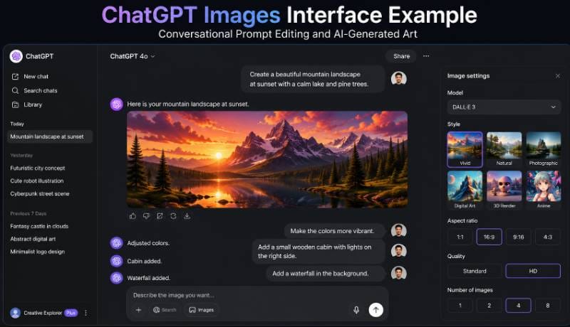 Interface screenshot of ChatGPT Images showcasing conversational prompt editing and generated art