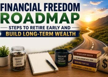 A visual guide outlining the key steps to achieve financial freedom, retire early, and build sustainable long-term wealth through smart saving and investing