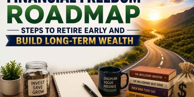 A visual guide outlining the key steps to achieve financial freedom, retire early, and build sustainable long-term wealth through smart saving and investing