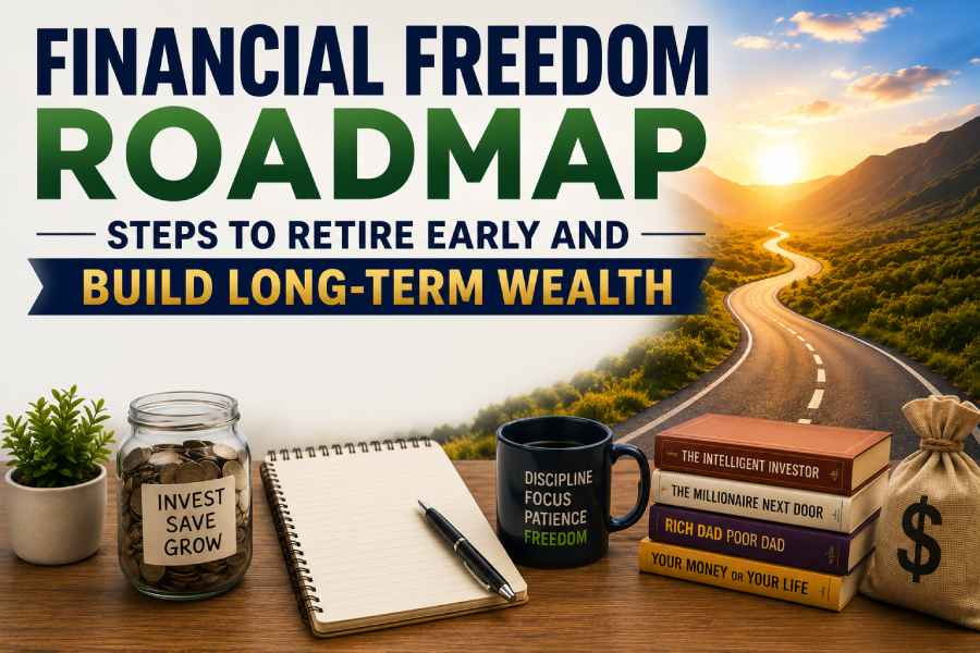 A visual guide outlining the key steps to achieve financial freedom, retire early, and build sustainable long-term wealth through smart saving and investing