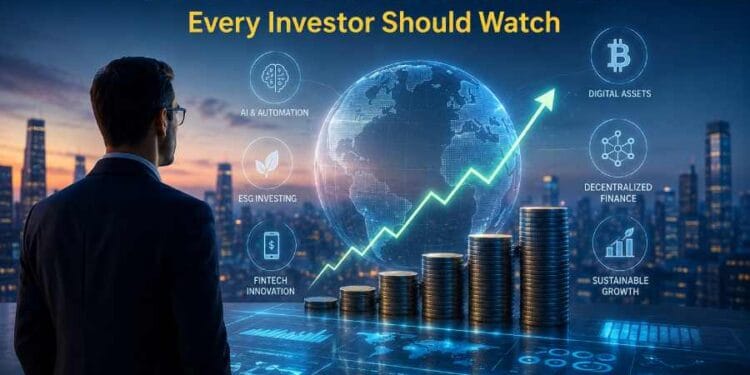 Futuristic financial illustration showing digital investment trends, stock market growth, fintech innovation, AI in finance, cryptocurrency, and sustainable investing concepts for modern investors