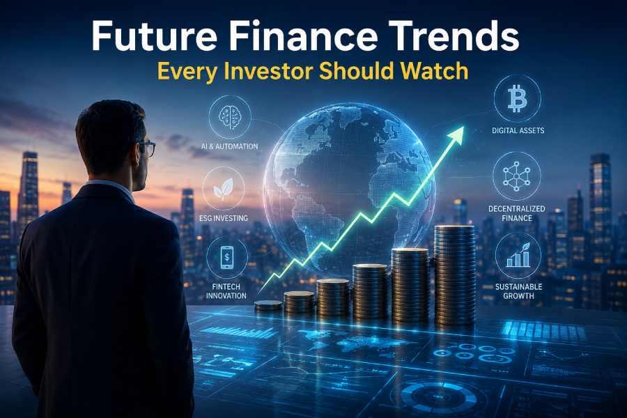 Futuristic financial illustration showing digital investment trends, stock market growth, fintech innovation, AI in finance, cryptocurrency, and sustainable investing concepts for modern investors