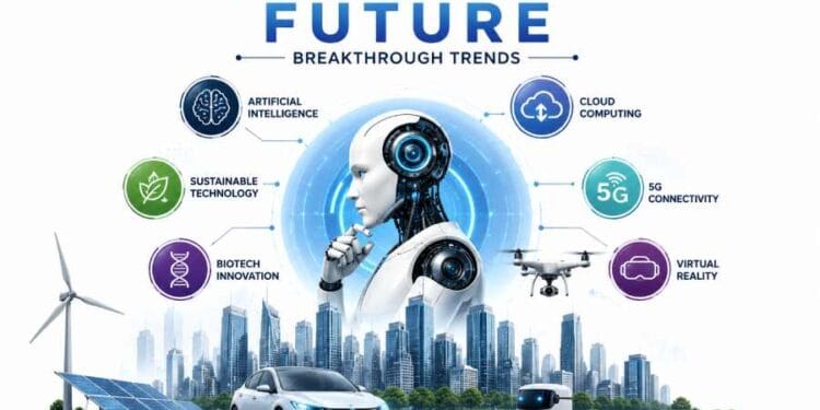 Future technology breakthrough trends with AI, robotics, 5G, and clean energy