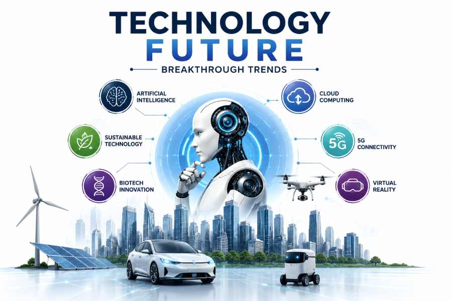Future technology breakthrough trends with AI, robotics, 5G, and clean energy