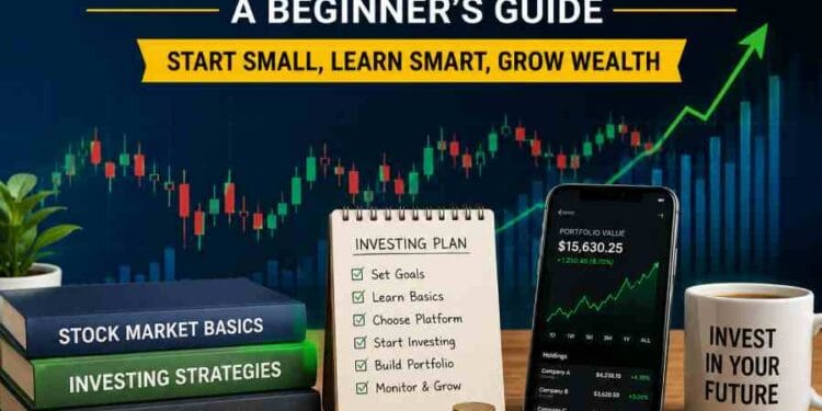 Beginner stock market investing featuring financial charts, investment planning notes, stacked coins, books, and a smartphone displaying portfolio growth