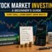 Beginner stock market investing featuring financial charts, investment planning notes, stacked coins, books, and a smartphone displaying portfolio growth