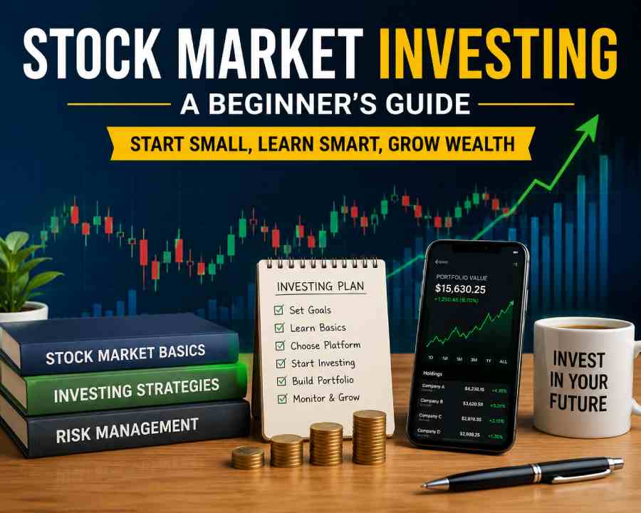Beginner stock market investing featuring financial charts, investment planning notes, stacked coins, books, and a smartphone displaying portfolio growth