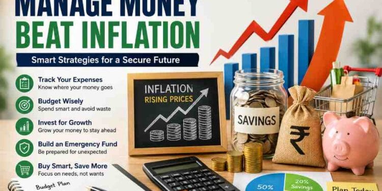 Money management illustration with savings, budgeting, inflation charts, and investment planning