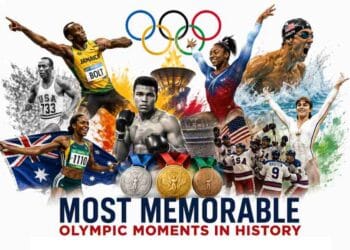 A dynamic collage celebrating the most memorable Olympic moments in history, featuring legendary athletes, Olympic medals, the Olympic torch, and unforgettable sporting achievements.
