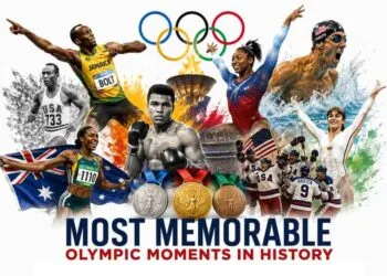 A dynamic collage celebrating the most memorable Olympic moments in history, featuring legendary athletes, Olympic medals, the Olympic torch, and unforgettable sporting achievements.