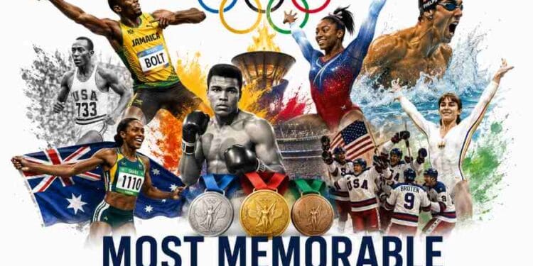 A dynamic collage celebrating the most memorable Olympic moments in history, featuring legendary athletes, Olympic medals, the Olympic torch, and unforgettable sporting achievements.