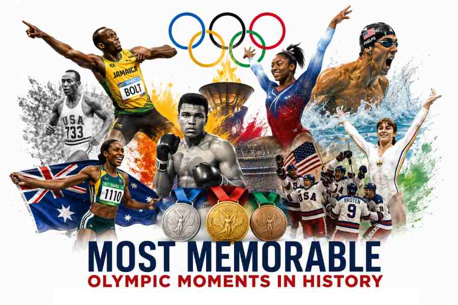 A dynamic collage celebrating the most memorable Olympic moments in history, featuring legendary athletes, Olympic medals, the Olympic torch, and unforgettable sporting achievements.