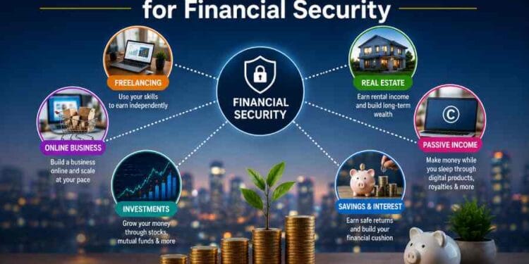 diverse income sources including investments, online business, freelancing, passive income, real estate, and savings strategies designed to build long-term financial security and wealth