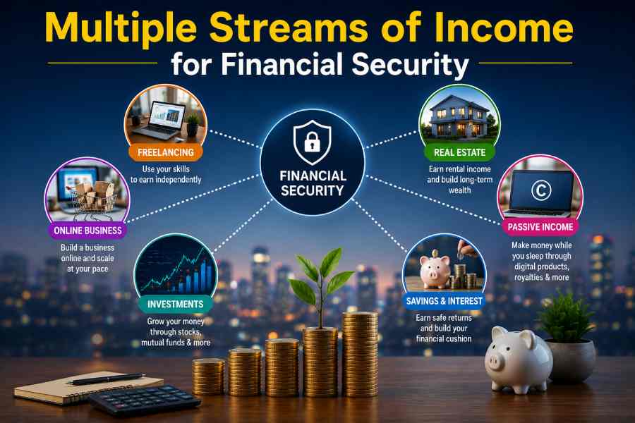 diverse income sources including investments, online business, freelancing, passive income, real estate, and savings strategies designed to build long-term financial security and wealth