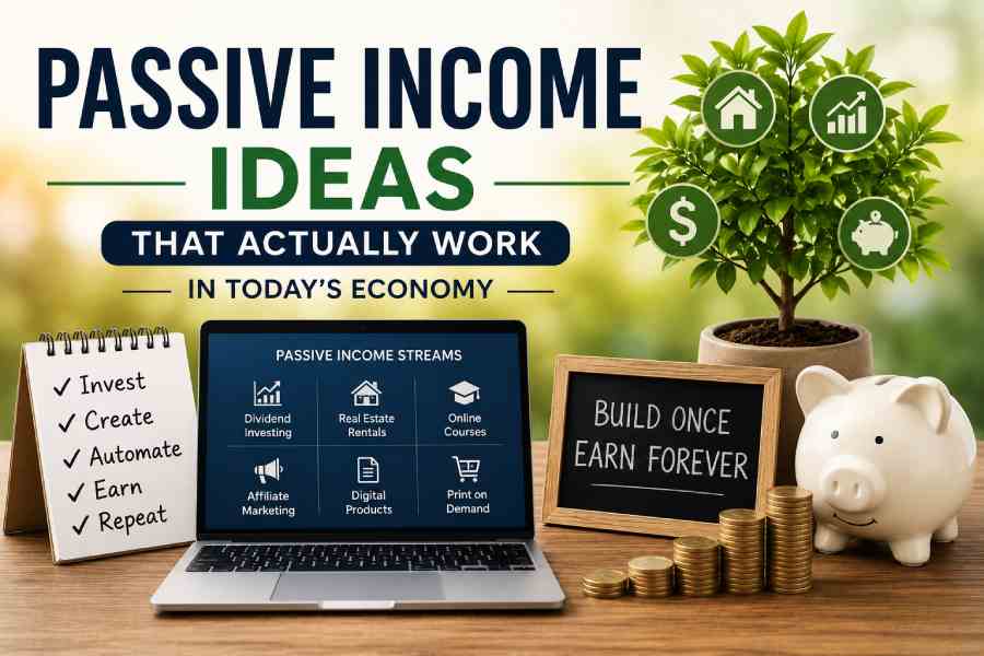 Passive income concepts with investments, digital products, savings, and online earnings in today's economy