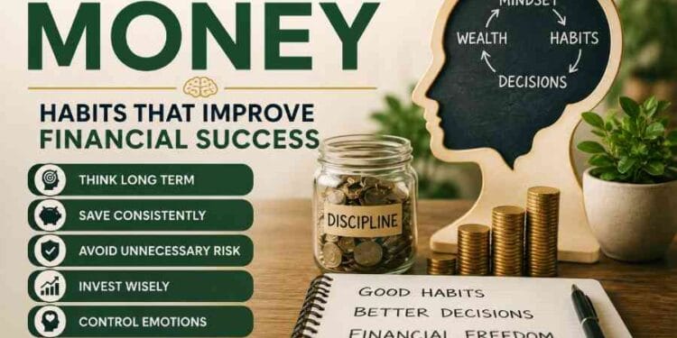 Money mindset and financial habits illustration showing savings, discipline, and wealth-building concepts