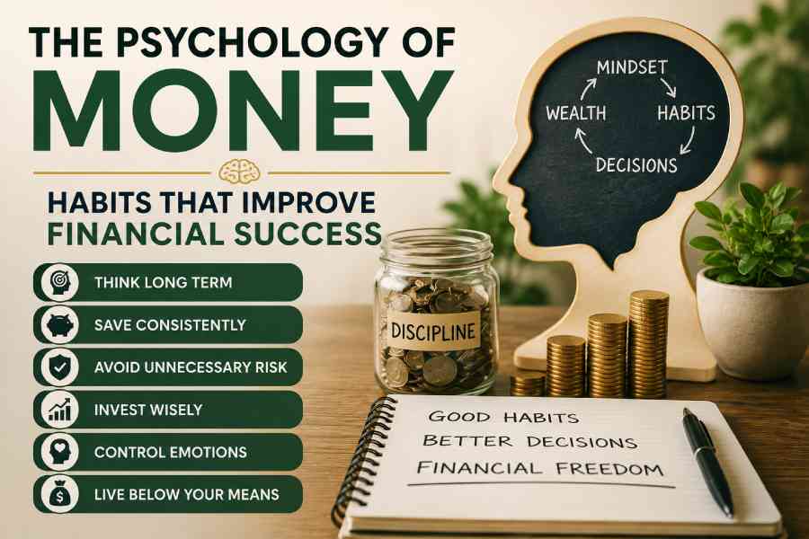 Money mindset and financial habits illustration showing savings, discipline, and wealth-building concepts