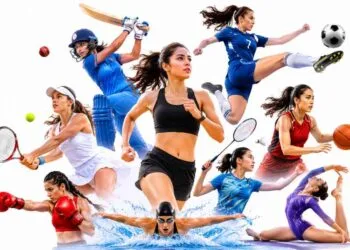Female athletes competing in cricket, football, tennis, basketball, boxing, swimming, badminton, gymnastics, and athletics on a clean white background, representing the rise and growing popularity of women's sports.