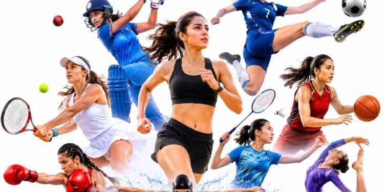 Female athletes competing in cricket, football, tennis, basketball, boxing, swimming, badminton, gymnastics, and athletics on a clean white background, representing the rise and growing popularity of women's sports.