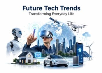 Futuristic technology illustration showing AI, smart home, electric vehicle, drone, VR, cloud computing, and renewable energy transforming everyday life