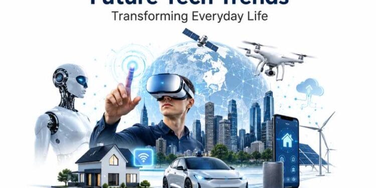 Futuristic technology illustration showing AI, smart home, electric vehicle, drone, VR, cloud computing, and renewable energy transforming everyday life
