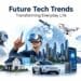 Futuristic technology illustration showing AI, smart home, electric vehicle, drone, VR, cloud computing, and renewable energy transforming everyday life