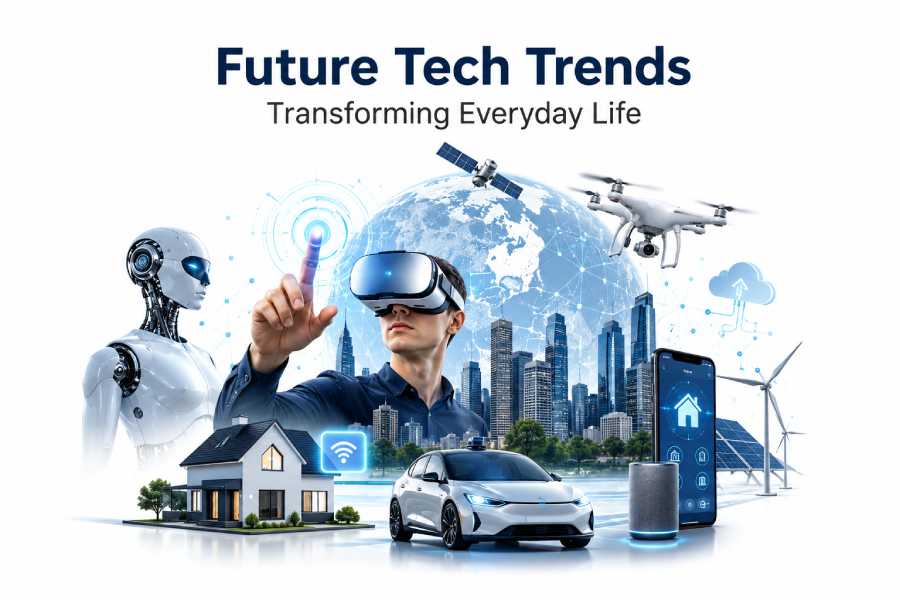 Futuristic technology illustration showing AI, smart home, electric vehicle, drone, VR, cloud computing, and renewable energy transforming everyday life